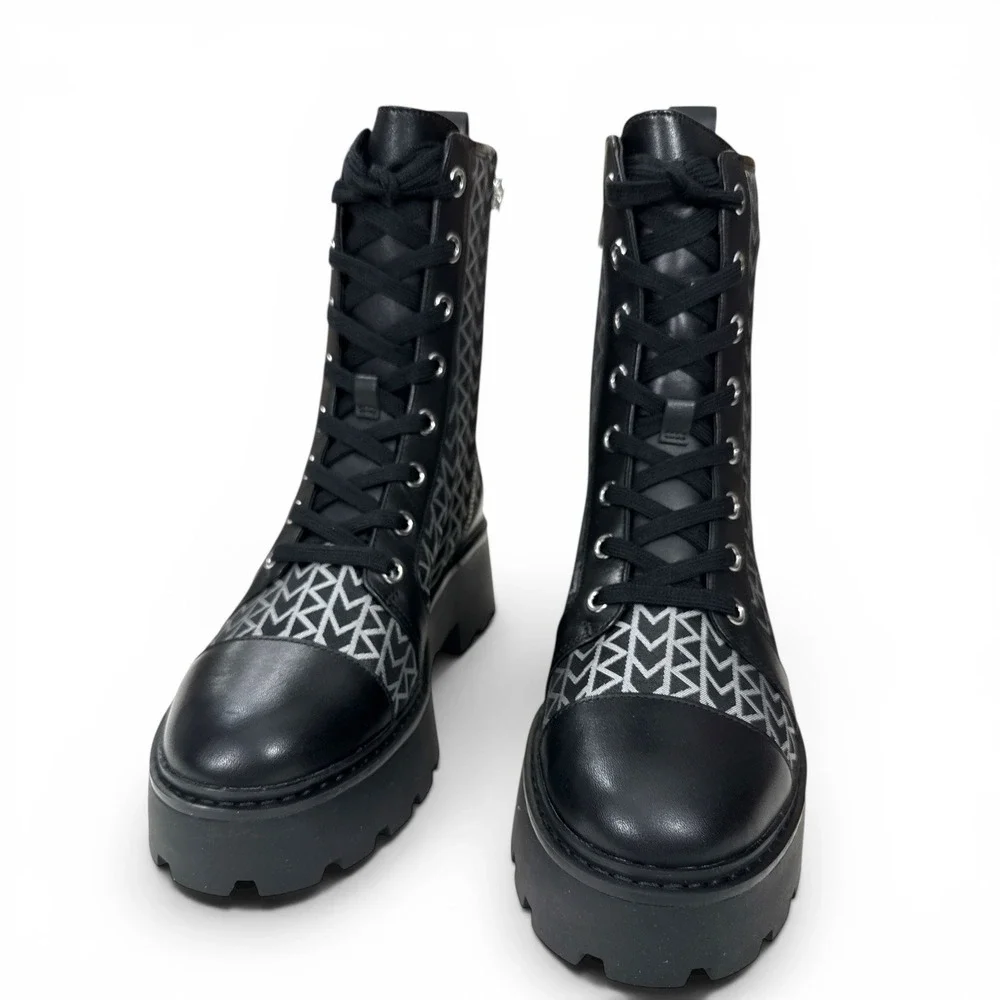 Michael Kors Blake Logo Jacquard Leather Lace Up Combat Boots Black Wm 6.5 NIB
